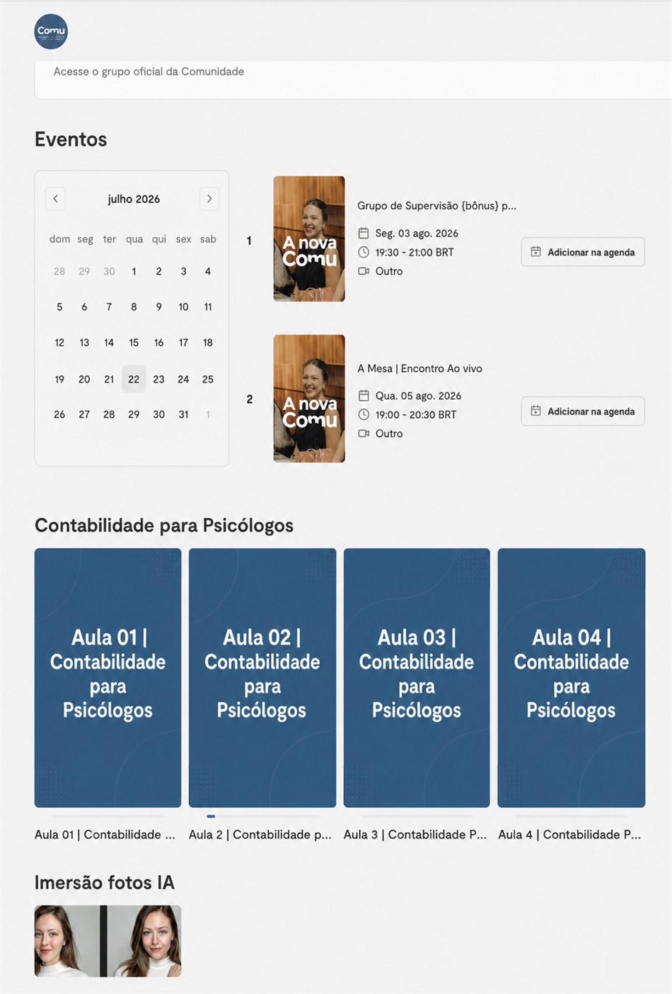 Plataforma da Comu com agenda de eventos e capas das aulas de Contabilidade para Psicólogos